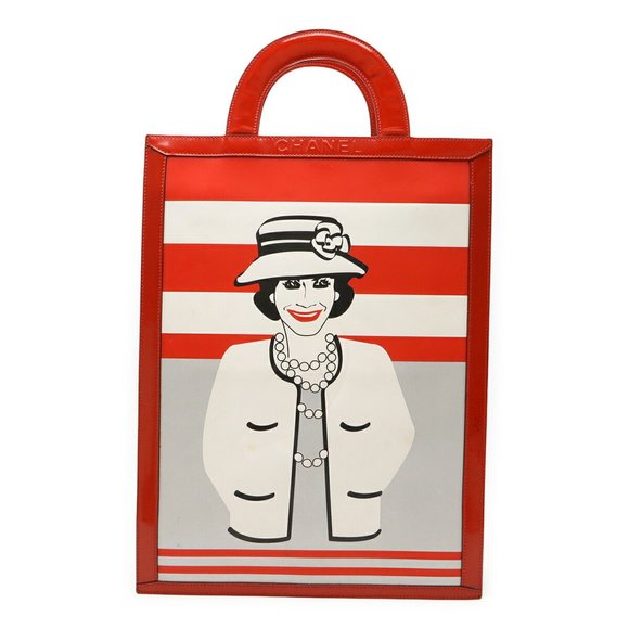 CHANEL Coco Chanel Mademoiselle Tote Bag Handbag Patent Leather Red Silver White - Picture 1 of 8